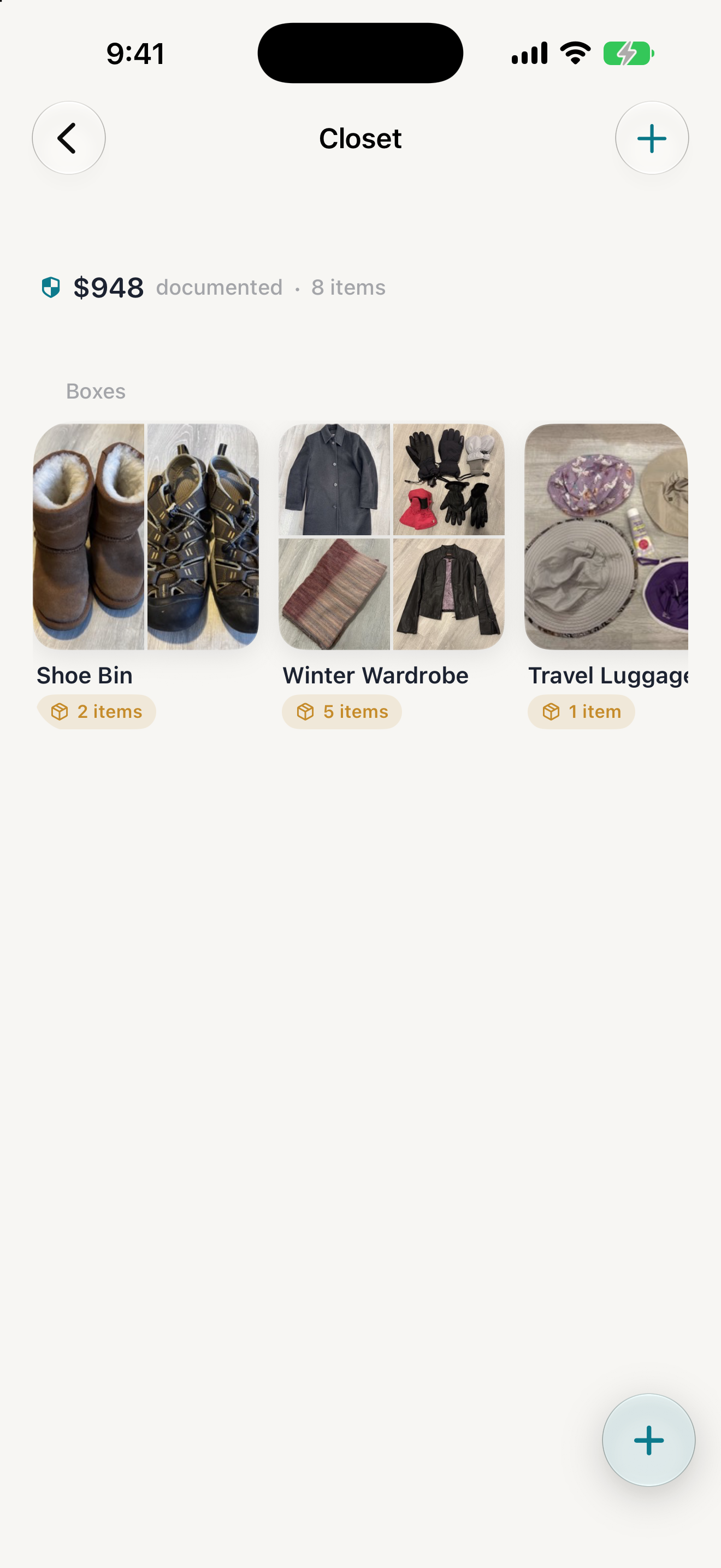 A room in KeepShelf showing boxes and items