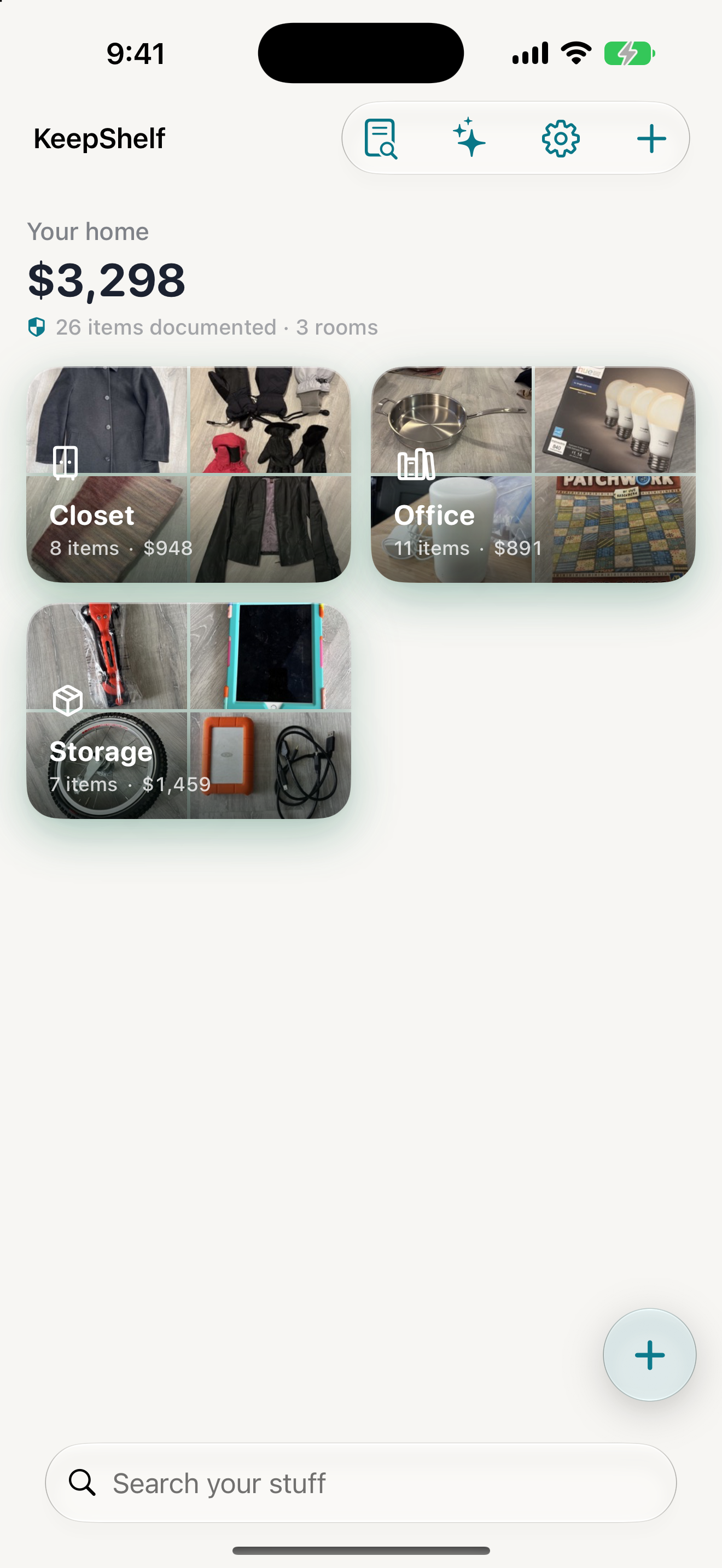 KeepShelf home screen with rooms and total value